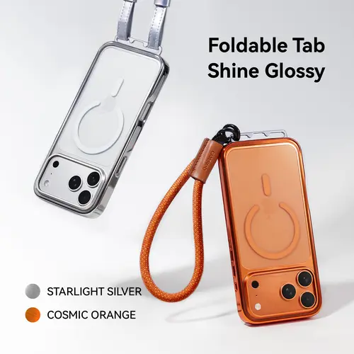 CASEKOO Glossy Magnetic Linkoo Case with Strap 2026 New iPhone 17/16 Pro Max Case, Patented ClipSafe: Built-in Foldable Hidden Tab, Anti Theft Strap, Summervibes, Aluminum Alloy Lens Protection, Clear Back Case, Silver Frame, Orange summerwins