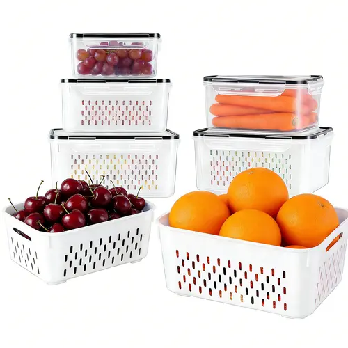 Kitchen Produce Saver Containers, 5-Piece Large BPA-Free Airtight Durable Fridge Storage Set with Removable Colander, Stackable Utensils for Keeping Fruits, Vegetables, Meat Fresh Longer (106oz, 27oz)