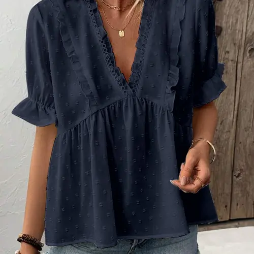 Women's Puff Sleeve Ruffle Trim Blouse Shirts, Casual Loose Fit V Neck Top for Summer, Women's Clothing for Daily Wear