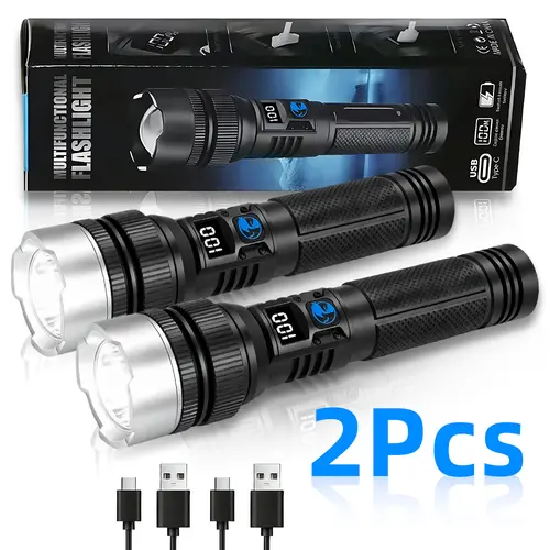 2PCS Newly upgraded 2200 lumen Super Bright Rechargeable Flashlight, super bright, shockproof and waterproof, 5 modes, tactical accessories, zoomable flashlight, suitable for outdoor emergency signals. TikTokShopFallDealsForYou