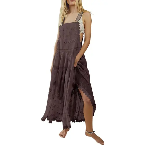 Chouyatou Women's Summer Laced Embroidered Tulle Bib Beachwear Dress Casual Comfortable Loose Adjustable Straps Maxi Dress Womenswear Flared