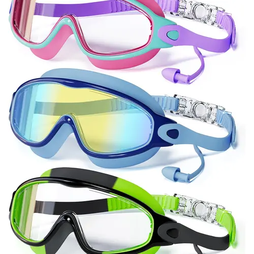 MARISUN 3 Pack Swimming Goggles, Kid Goggles with Earplugs Large Frame Anti-Fog/UV Wide View Swim Goggles Boys Girls 4-12 summerwins
