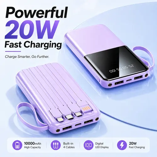 10,000 mAh 20 W Fast Charging Portable High-Capacity Power Bank for Apple Lightning Port and Type‑C USB Cable with Smart Digital Display Screen Integrated Flashlight Function Stable Lithium Battery Pack Suitable for Outdoor Emergency Scenarios travel c _