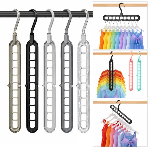 5-Pack Foldable High-Tenacity Durable Plastic Multifunctional Hangers - Home Organizers with 360° Rotatable Hooks, 9 Anti-Slip Holes, Adjustable Design, Space-Saving for Dresses, Jackets, Jumpers; Balcony, Bedroom Use, 360° Hangers & Pegs