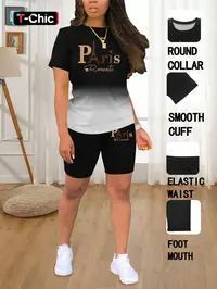 Summer Round Neck Short Sleeve T-Shirt & Shorts Set, Casual Fitted Letter Print Loungewear Set, Women's Fashion Outfit, Womenswear, Clothing Set