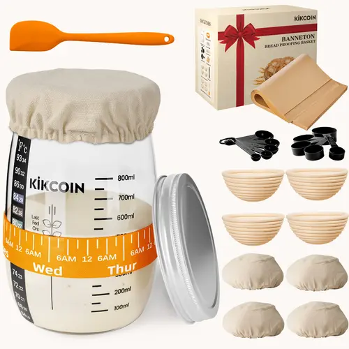 Kikcoin 25Pcs Sourdough Starter Combo Set Bakeware - 5'' Banneton*4, 35oz Wide Mouth Glass Fermenter*1, Food Storage Glass Jar, Proofing Basket, Spatula, Measuring Spoons, Feeding Tracker, Thermometer, Date Band, Cloth Cover Baking Supplies Kit