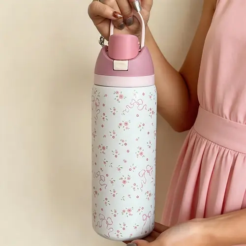 Floral Bow Design Water Bottle, Stainless Steel Insulated, 24oz/32oz/40oz Capacity, Ideal for Sports, School, Travel, Gym, Hydration Tumbler