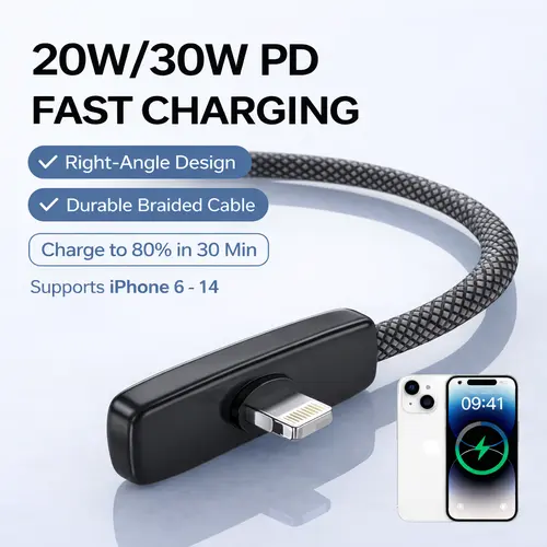 2pcs 90° Right Angle USB-A to Lightning Charger Cable - Durable Braided Fast Charging Electronic Accessory for iPhone 5/6/7/8/X/11/11 Pro Max, No Hand Blocking for Gaming, Compatible with Smartphone/Cellphone, EU Type