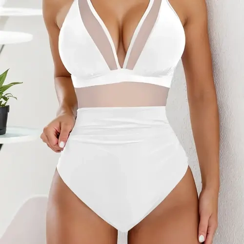 Women's Sexy Mesh Patchwork One-Piece Swimsuit, Summer Beach Vacation Fashion Swimwear, Ladies Stylish Monokini Bathing Suit, High Waisted Swimsuit, Stretchy Swimwear, Fashionable Swimsuit