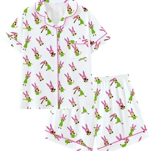 Bobs Burgers Family Louise Cute Burger Collar Short Sleeve Pajama Set Pjs, Comfortable Sleepwear Loungewear and Homewear Lounge Clothes for All Seasons, Party Gift, Collared Pajama Set, Pajama Lounge Sets