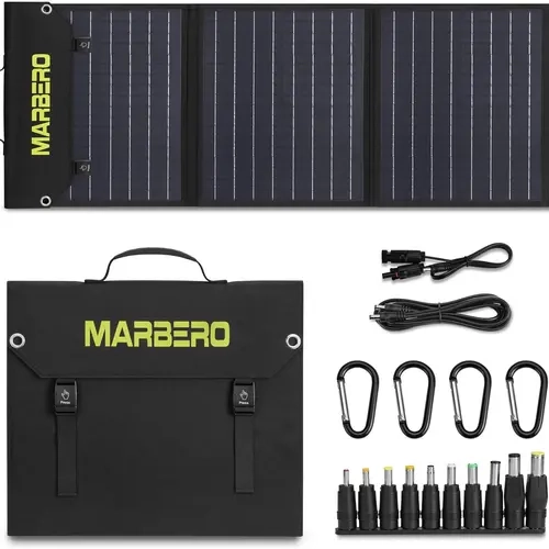 MARBERO 60W Max Folding Solar Panel, 23% High Efficiency IP65 Waterproof Charger with USB Port, DC Output (10 Changeable Adapters), 4 x Carabiner for Generators, Outdoor Sunlight Use