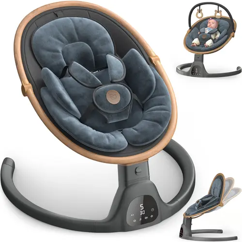 BabyBond Phthalate-Free Bluetooth Electric Swing Seat - 3-Gear, 5-Speed Automated Rocker Bouncers Jumpers & Swings, 12 Songs, Portable Indoor/Outdoor, Ideal Baby Shower Gift (Woodgrain Design)