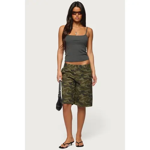 Camo Denim Low Rise Bermuda Shorts