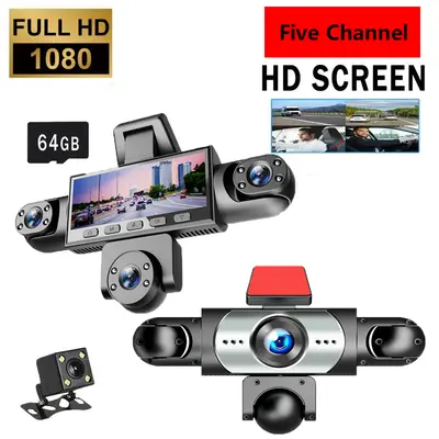 5 Channel Car Dash Cam 1080P Car DVR with 64GB Memory Card HD Screen Front Rear Left Right Cameras Parking Mode Car Video Surveillance Wide Angle Recording Loop Recording G Sensor Dashcam for Cars Trucks Ride Share Drivers Road Safety ti