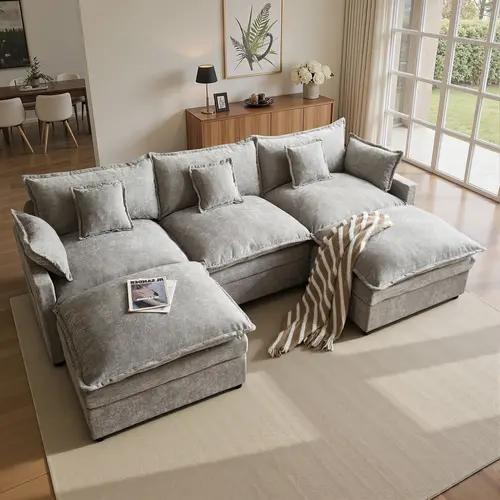 【2 Packages Shipping】XIZZI 108" U-Shaped Modular Sectional Sofa - Comfy Cloud 3-Seater with 2 Movable Ottoman, Could Sofa, Deep Seat Linen Couch for Living Room, Gray Color, Comfort & Stylish Design