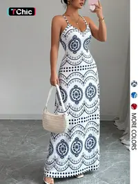 Women's Elegant Fashion Spaghetti Strap Ethnic Print V-Neck Dress, Stylish Summer Casual Feminine Wear, Perfect for Parties, Daily and Everyday Wear, Boho Style Dresses