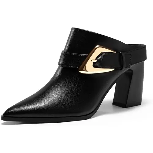 Coutgo Women's Fashion Elegant Plain Lightweight Black Block Heel Mules - Pointed Toe Cuban Slip-On Shoes with Edgy Ankle Buckle, All-Season Women's Shoes Heels for Jeans & Dresses