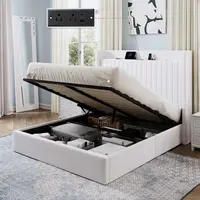 SHA CERLIN Lift-Up Storage Bed Frame - Short Velvet Upholstered Tufted Headboard with Shelf, USB Charging Ports, No Box Spring Needed Modern Indoor Furniture for Small Spaces, Full/Queen/King Size Bed Frame, Queen Bed Frame