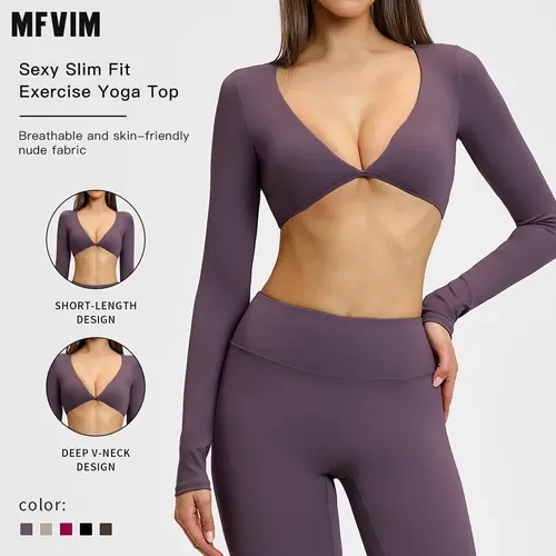 MFVIM Women’s Long Sleeve V-Neck Nylon Blend Quick Dry Workout Top - Breathable Lightweight Athletic Apparel, Gym Pilates Activewear, Workout Clothes, All-Season Sportswear, Athletic Apparel Tops