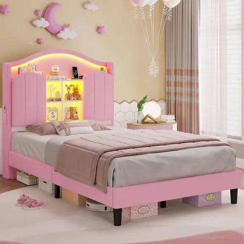 Sikaic Twin Size Princess Bed Frame for Girls with LED Lights & Charging Station, Upholstered Storage Headboard Platform Bed, No Box Spring Needed, Noise-Free, Easy Assembly, Home Furniture Christmas Gifts [TiktokShopFallDealsForYou]