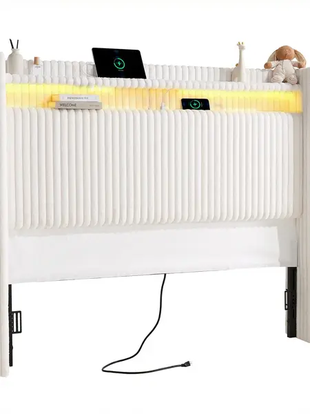 【DealsforYou】ONBRILL 54" Tall Corduroy Upholstered Queen Size Wingback Headboard - Corduroy Upholstered Bed Accessory, Furniture, Apartment Furniture, LED Light, Charging Station, Storage Pockets, High-Density Sponge Padding, Bed Frame Compatibility