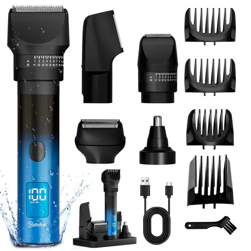 HATTEKER Men's 5-in-1 Cordless Quiet Trimmer Kit - Rechargeable Hair Clipper, Stainless Steel Beard Trimmer, Adjustable Foil Razor, LED Digital Display, Charging Dock, Waterproof Body, Nose & Ear Groomer, Mens Gifts