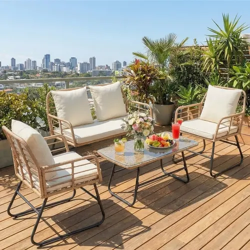 Sweetcrispy Wicker Rattan Set - Tough, Weatherproof, Water-Resistant Outdoor Furniture Set with Washable Covers, Steel Frame, Tempered Glass Top Table & Chairs for Balcony, Porch