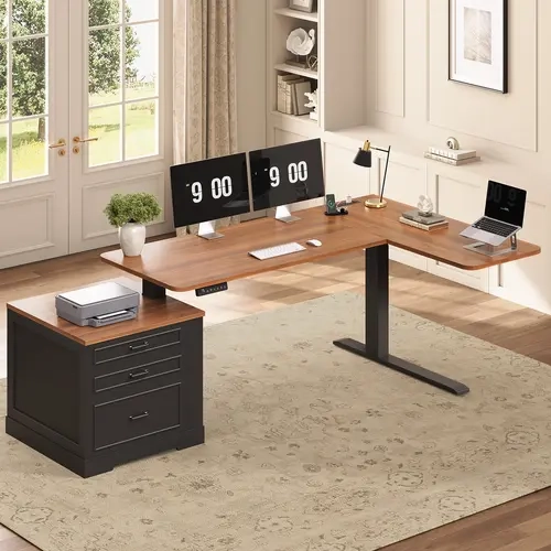 SEDETA Farmhouse L Shaped Electric Standing Desk, 70.9" x 39.4" Height Adjustable Office Executive Desk with 3 Drawers, Standing Computer Desks with Power Outlet for Home Office