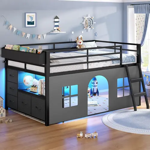 Sikaic Low Loft Bed Twin Size with Tent, 5 Storage Drawers, LED Lights, Metal Kids Loft Bed with Bookcase & Under-Bed Play Space, Twin Loft Beds with 13.8''H Safety Guardrail, Inclined Ladder Summerwins