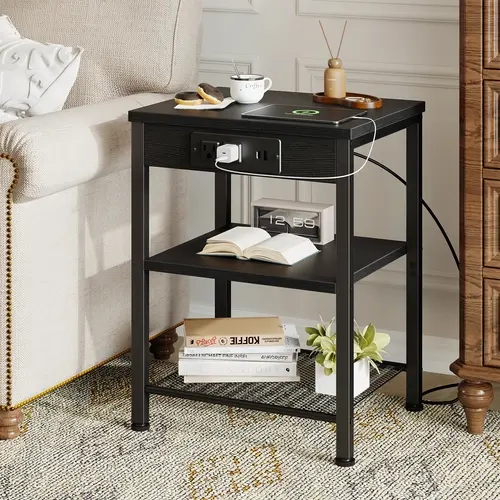 Sweetcrispy 3-Tier Side Table with Charging Station & USB Ports - Adjustable Shelf Indoor Furniture for Small Spaces, Room Decor, Living Room/Bedroom Apartment Nightstand, Living Room Furniture, Bedroom Furniture