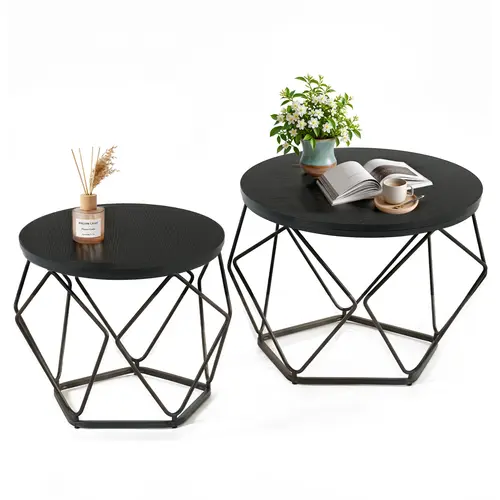 Sweetcrispy 2-Piece Small Round Nesting Coffee Tables - Steel Frame Wood Metal Table, Modern Space-Saving Living Room Bedroom Furniture, Ink Black Assembly-Required Apartment Decor with Convenient Detachable Tray-Tops