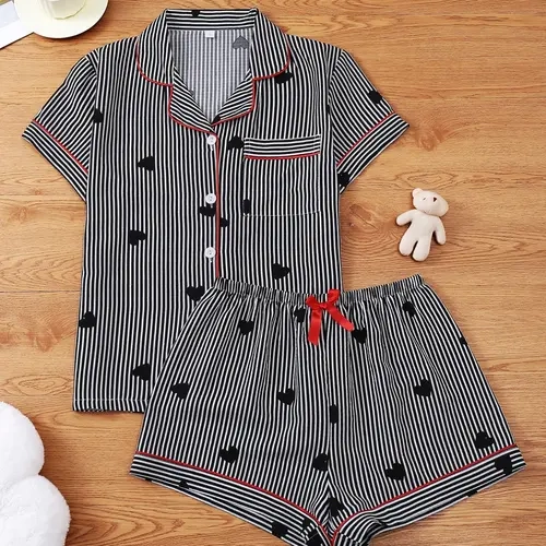 Women's Sleepwear Set Pajama, Sweet Casual Home Clothes, Loungewear, Full Print Heart Striped Short Sleeve Shorts, Stripe Design, Elegant Simple Stripes, All Seasons Wear, Loungewear Pjs
