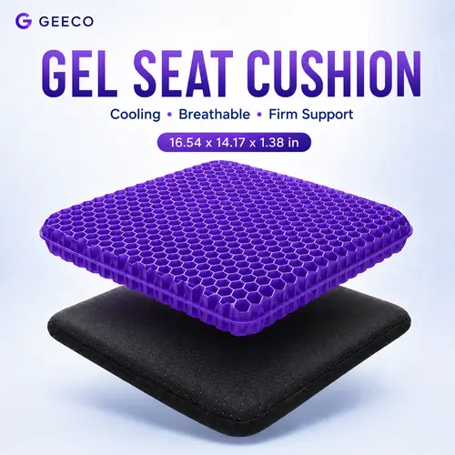 GEECO Purple Gel Seat Cushion, Firm Honeycomb Cooling Seat Pad with Non-Slip Cover, 16.54 x 14.17 x 1.38 in, Washable Cushion for Office Chair, Car Seat, Home & Summer Sitting Comfort