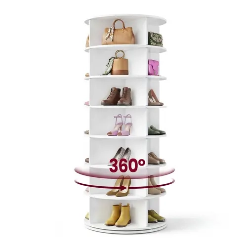 SONGMICSHOME Sturdy 7-Tier Round 360-Degree Spin Shoe Rack Organizer - Free-Standing PVC Corner Shelf with Multiple Compartments for Bedroom Corners, Small Spaces, Storage Organization (Lazy Susan Bag Display)