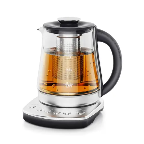 Olayks 1.5L Modern Thermostatic Stainless Kettle with Infuser, Glass Body Hot Water Boiler, 1200W Fast Heating, Temperature Control, Loose-Leaf Ready for Pour Over Coffee & Tea, Easy to Clean G888B