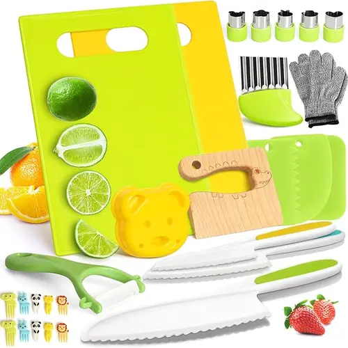 Wooden Montessori Kids Knife Set - Kid-Safe Real Cooking Tools, Play Kitchen Accessories with Sandwich Cutter for 6-10 Year Olds, Christmas Gift Kid Grills