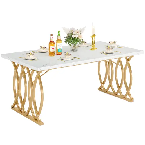 LITTLE TREE 63" Large Rectangular Dining Table - Faux Marble Top, Gold Geometric Legs, Modern Design for 4-6 People