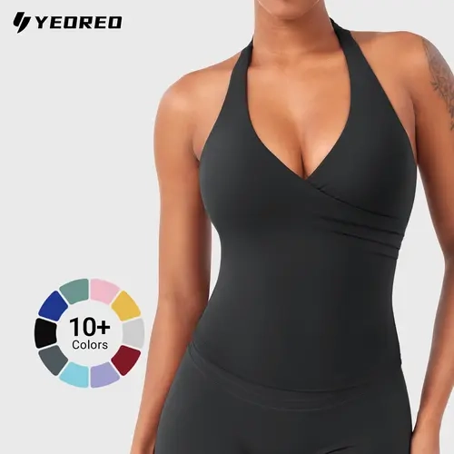 YEOREO Women's Padded Halter Tank Top - Adjustable Fitted Flattering Deep V-Neck Longline Strappy Wrap Backless Sporty Vest, Soft Stretchy Activewear Workout Clothes