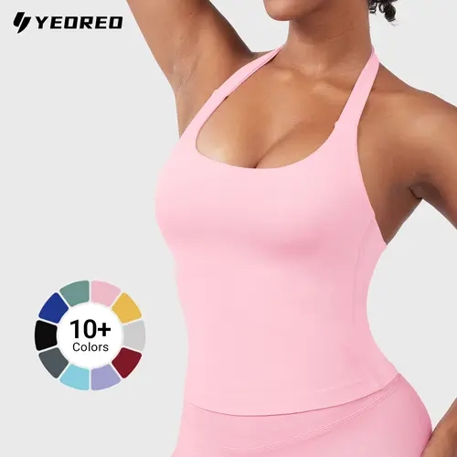 YEOREO SoftHue Women's Fitted Longline Halter Sleeveless Sports Tank Top - Backless, Scoop Neck, Built-in Bra, Removable Pads, Breathable Nylon Blend, All Seasons Workout Vest, Normal Type, Hand Wash Only, Confident Support for Gym, Running