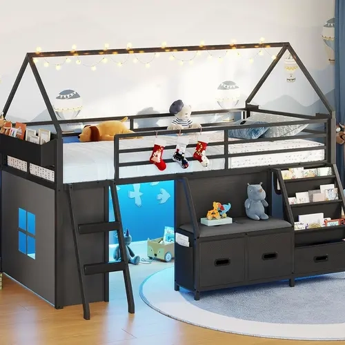 Sikaic Twin Size Low Loft Bed with Bookshelf, LED Lights & 3 Storage Drawers, Metal Loft Bed Frame with Safety Guardrails, Inclined Ladder, Under-Bed Space & Curtain, Space-Saving, Black, Home Furniture Christmas Gifts [TiktokShopFallDealsForYou]