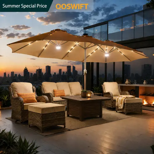 OOSWIFT High-End 15FT Adjustable Offset Patio Umbrella with Solar Lights, Oversized Outdoor Double-Sided Pool Umbrella with Crank, Solar Color-Changing & UV Protection, Rectangular Market Umbrella with Base for Garden, Deck