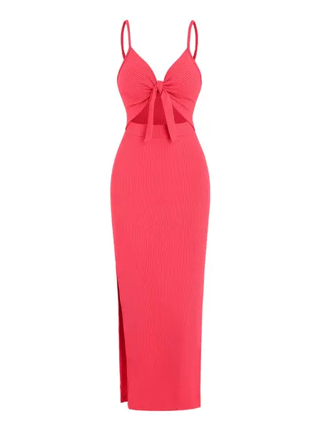 Women's Plain/denim-effect Print Cut Out Knot Front Spaghetti Strap Cami Dress, Sexy Backless Ribbed Slim Fit Long Dress, Ladies Summer Clothes for Party Club Dating Wear