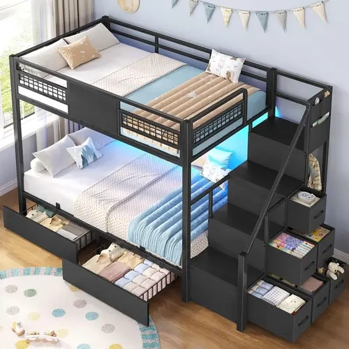 Sikaic Bunk Bed with Stairs, Storage Drawers and LED Lights, Heavy Duty Bunk Bed, Hanging Area, Full-length Guardrail, Space-saving Bed for Dorm, Bedroom, Apartment cozy home familyfun [TikTokShopblackfriday]