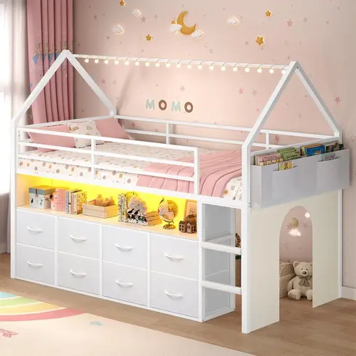 Sikaic Twin Size Loft Bed with 8 Storage Drawers & LED Lights, House Shaped Metal Loft Bed Frame with Bookcase, Soft Foam Ladder, 13.4" High Safety Guardrail, Space-Saving Design, Curtain, Home Furniture Christmas Gifts cozy home familyfun [TikTokShopblac