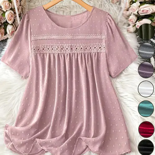 Women's Summer Casual Loose-Fit Ruffle Lace Short-Sleeve Top, European and American Style Plus Size Blouse for Daily Wear