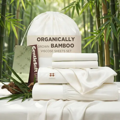 Bedsure 100% Organically Grown Bamboo Viscose 4-Piece Sheet Set - Bamboo Cooling Bedding, Breathable Sheets, Silky 300TC Drape, 18-in Deep Pocket Fit, Elastic Corners, OEKO-TEX Certified, FSC-Cert Pack & Tote (Deals For You Days)