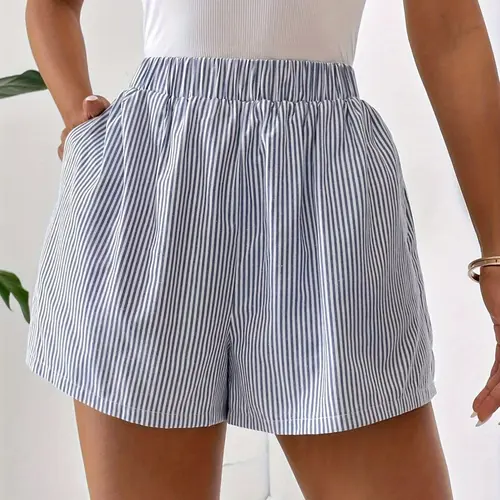 Women's Striped Print Pocket Elastic Waist Shorts, Casual Comfy Wide Leg Shorts for Summer, Fashion Women's Bottoms for Daily Wear, Casual Relaxed Shorts, Casual Street Shorts, Elastic Waistband Shorts