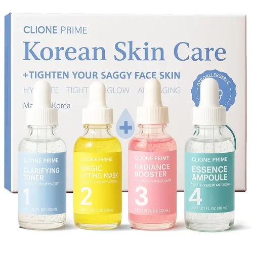 Korean Skin Care Set for Women - Anti Aging, Lifting, Firming & Hydration Complete Skin Care Kit with Clarifying Toner, Lifting Mask, Radiance Booster & Essence Ampoule for Gentle Radiant Younger Smooth Looking Skin