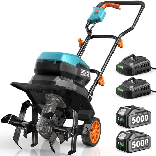 SEESII 40V Cordless Electric Tiller Cultivator, 600 RPM Rototiller, 2x 5.0Ah Batteries (10000mAh Total), 18" Depth 12" Width, Foldable Garden Tiller for Vegetable Beds & Lawn Care toolupgrade