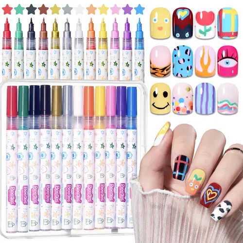 beetles Gel Polish Compact Nail Art Pens, 12 Colors Quick Drying Acrylic Markers, Smooth 0.5mm & 0.7mm Tips for DIY Painting